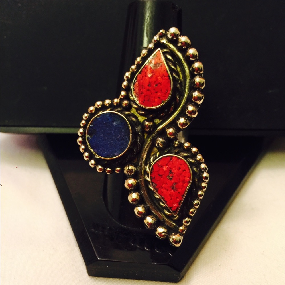 Unique Antique look Coral n lapis Ring